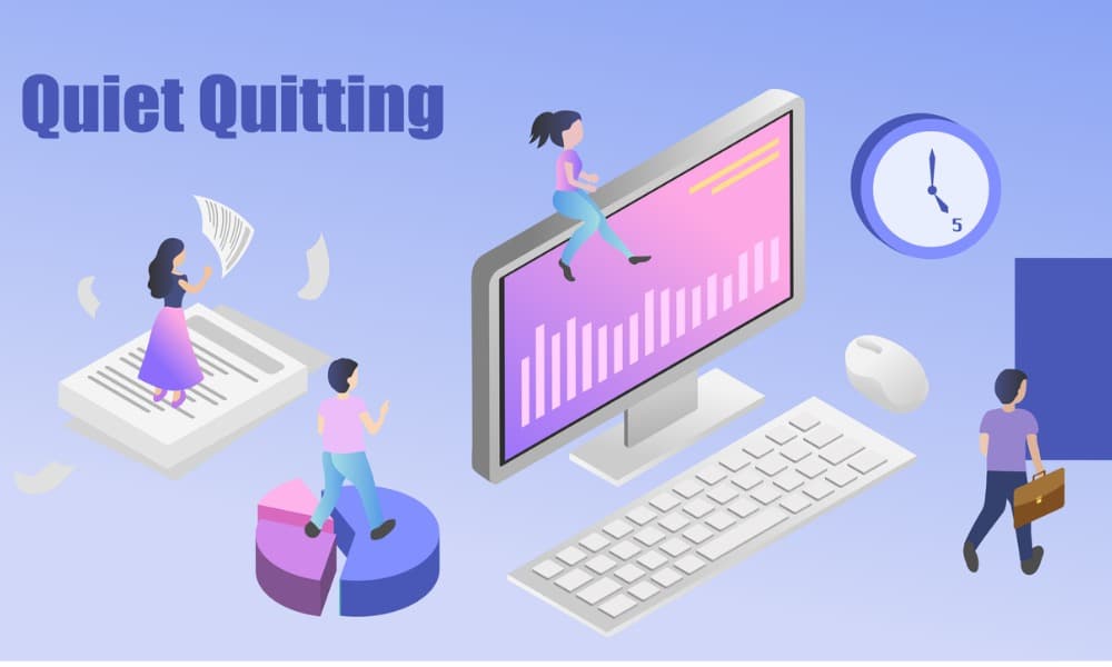 A cartoon with the caption “Quiet Quitting” that shows people stopping various work tasks at 5:00.