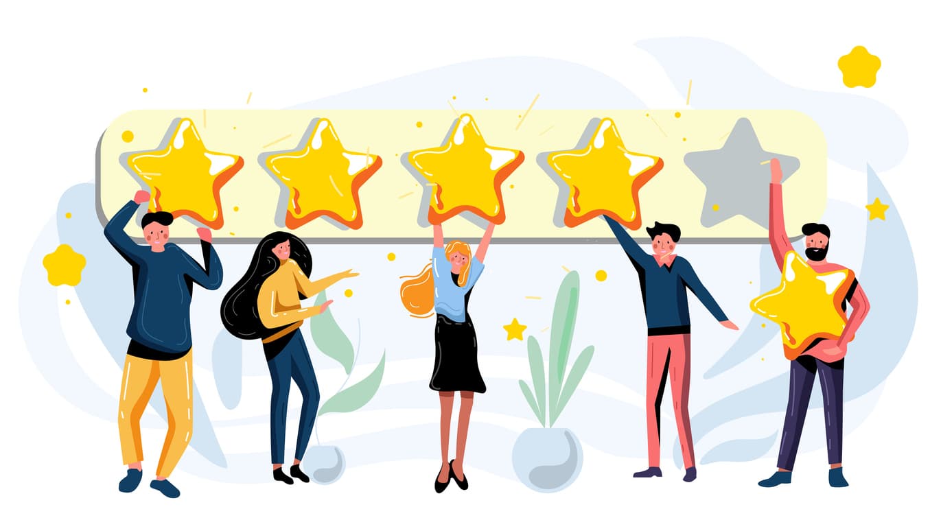 illustration of people holding up stars giving business reviews
