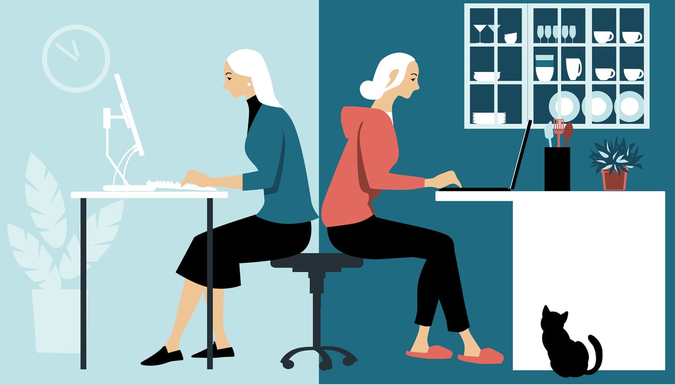 Picture showing two workers for the same company with one working at home and the other at the office.