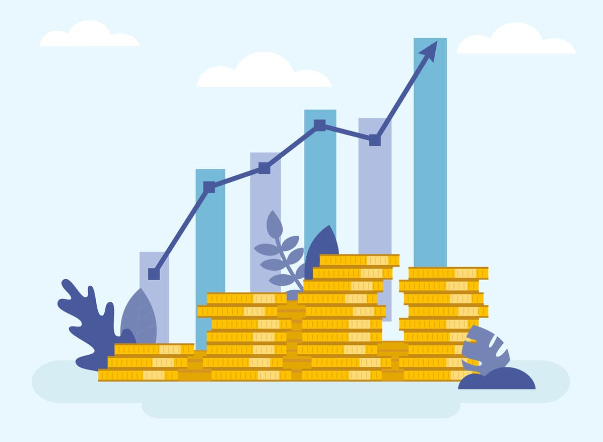 Four stacks of coins and a rising chart showing increasing EBITDA